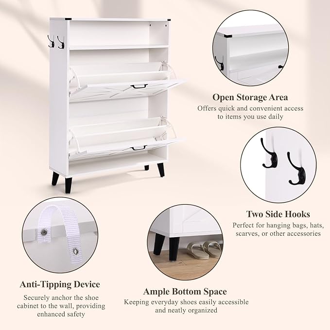 Shoe Storage Cabinet for Entryway - Narrow Shoe Rack Cabinet with 2 Flip Drawers, Shoe Organizer with Adjustable Shelves Free Standing Slim Hidden Shoe Cabinet with Hooks for Hallway Foyer Garage-NeatNest