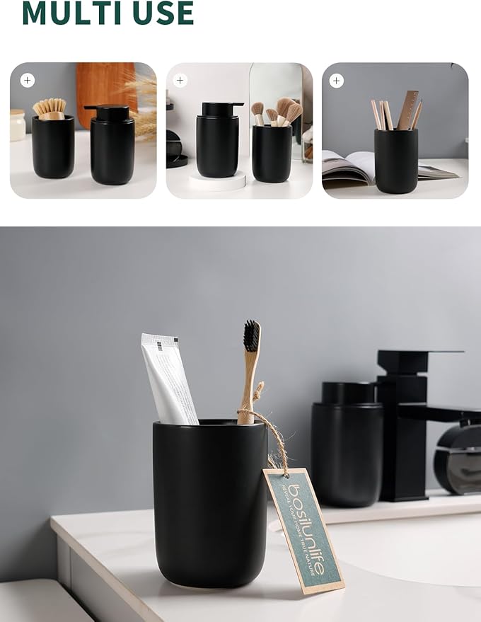Bosilunlife Soap Dispenser and Toothbrush Holder Set - Dish Hand Soap Dispenser Bathroom Set Ceramic Bathroom Counter Soap Toothbrush Holder Set Black Bathroom Accessories Set-NeatNest