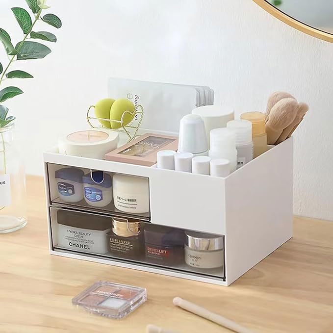 Desk Drawer Organizer, Desk Storage Box with 2 Drawers and 4 Compartments, Multifunctional Desk Accessories & Countertop Organizers for Office School Home (White-NeatNest