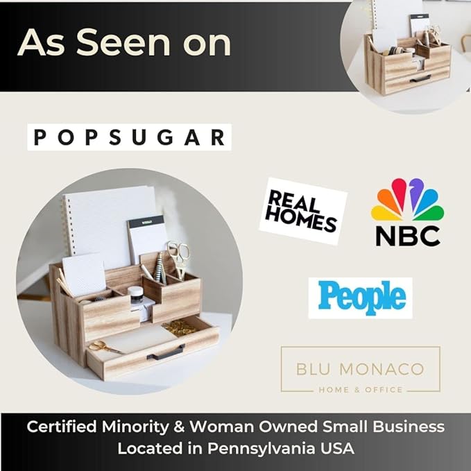 BLU MONACO Natural Wooden Office Supplies Desk Organizer with Drawer - Accessories for Women - Desktop Organization - Organization for Desk - Home Office Supplies Organizer-NeatNest