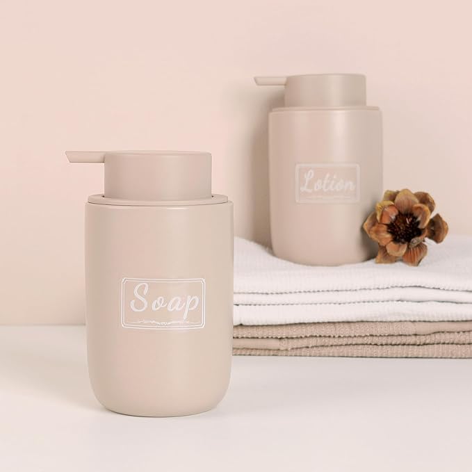 BosilunLife Khaki Soap Dispenser Set - 2 Pack 12oz Ceramic Dish Soap Dispenser with Rust Proof Pump for Kitchen, Hand Soap and Lotion Set Suitable for Farmhouse Bathroom Decor with Waterproof Labels-NeatNest