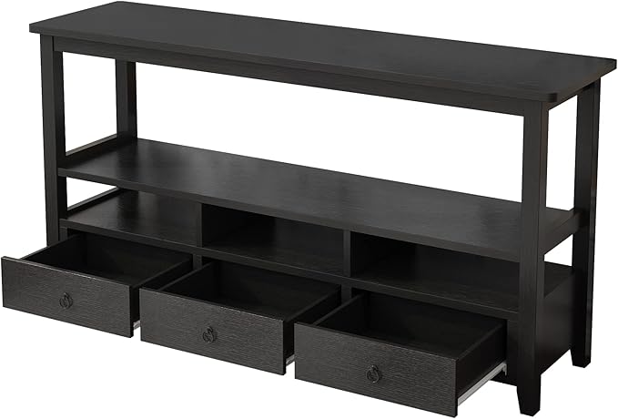 Karl home Console Table with 3 Bottom Drawers, 57.9" W Sofa Side Table Entryway Desk with 3 Storage Cubbies 1 Open Shelf, Vintage TV Stand for Hallway Living Room Office, Black 29.9" H-NeatNest