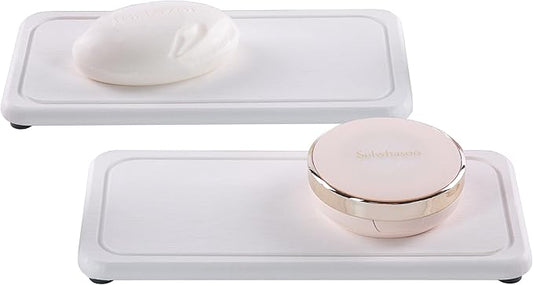 2 Pcs Water Absorbing Stone Trays, Kitchen/Bathroom Sink Soap Dish, Diatomite Tray Used for Hand Soap & Cosmetic Bottles in The Modern Home, 4" W x 8.3" L, White-NeatNest