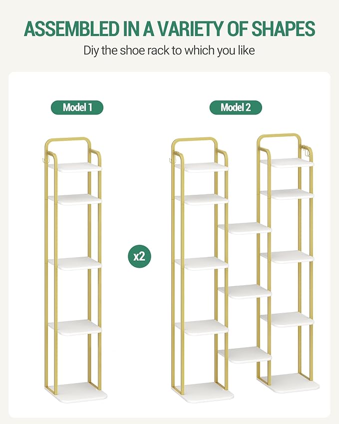 8 Tiers Vertical Shoe Rack, Narrow Shoe Tower, Tall Shoes Shelf with 2 Hooks, Adjustable Shelves, Corner Shoes Shelves for Small Spaces, Entryway, Living Room, White Gold SR04313A-NeatNest