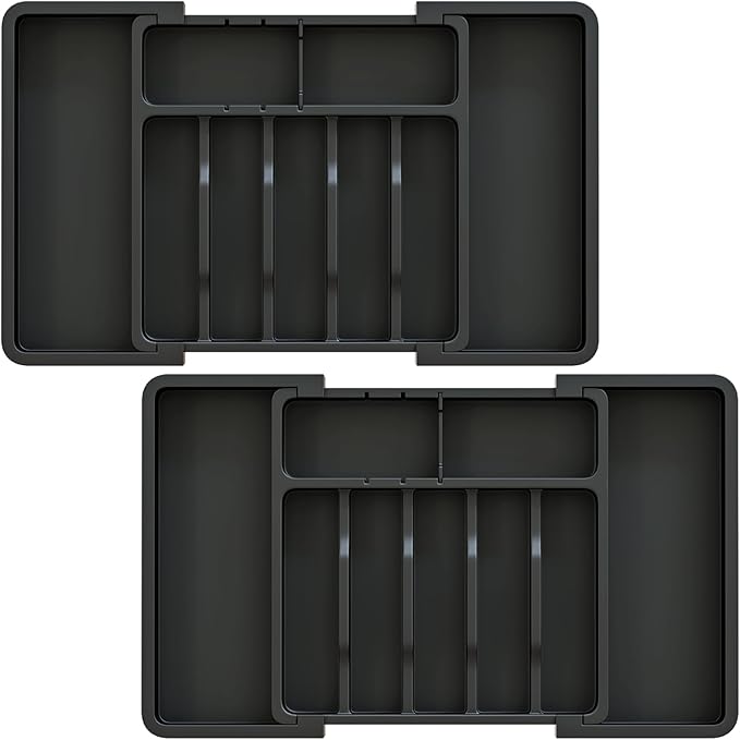 2 Pack Silverware Organizer, Expandable and Adjustable Kitchen Utensil Drawer Organizer, Plastic Cutlery Holder with Multiple Compartments,Cutlery Holder,for Spoons Forks Knives,Black,UAFD012B-NeatNest