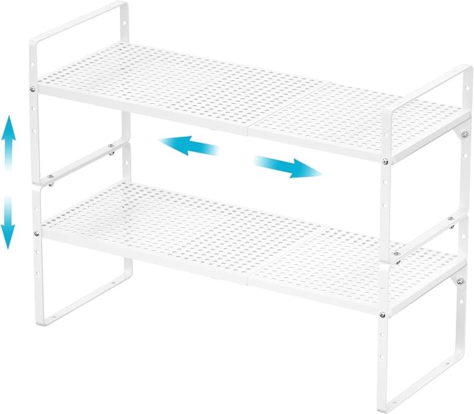 iPEGTOP 2 Pack Large Expandable Cabinet Storage Shelf, Heavy Duty Stackable Steel Metal Spice Rack Adjustable Height Home Office Pantry Garage Shelves for Counter Kitchen Organization, White-NeatNest