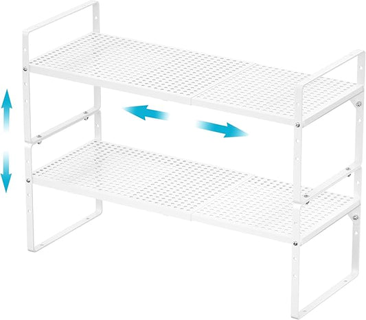 iPEGTOP 2 Pack Large Expandable Cabinet Storage Shelf, Heavy Duty Stackable Steel Metal Spice Rack Adjustable Height Home Office Pantry Garage Shelves for Counter Kitchen Organization, White-NeatNest