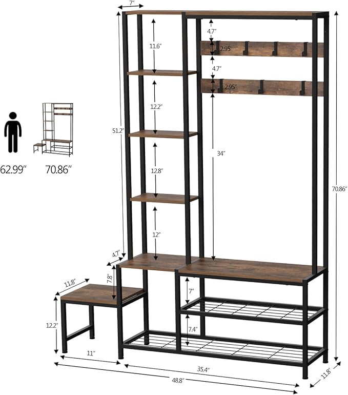 Hall Tree with Shoe Storage Bench Coat Rack with 7 Hooks Interchangeable 4 Tier Side Storage Shelves Small Cute Side Bench Industrial 5-in-1 Entryway Coat Rack for Hallway Mudroom Bedroom