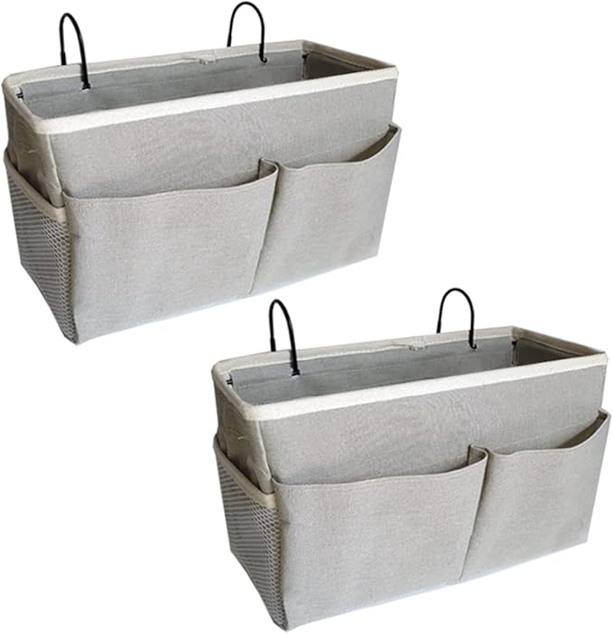 2-Pack Bedside Caddy, Bedside Hanging Storage Organizer for College Dorm Beds, Bunk Beds and Hospital Beds Rails, The Hanging Basket Can be Placed Magazine, Books, Phones,kettle, Glasses (Grey)-NeatNest