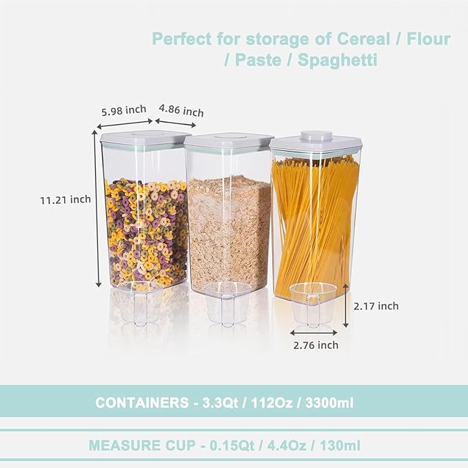 Airtight Food Storage Containers with Lids Pop Up Containers Pasta Organizer for Kitchen Pantry Cereal Snack Flour Sugar Coffee (3pc 3300ml / 3.48qt)-NeatNest
