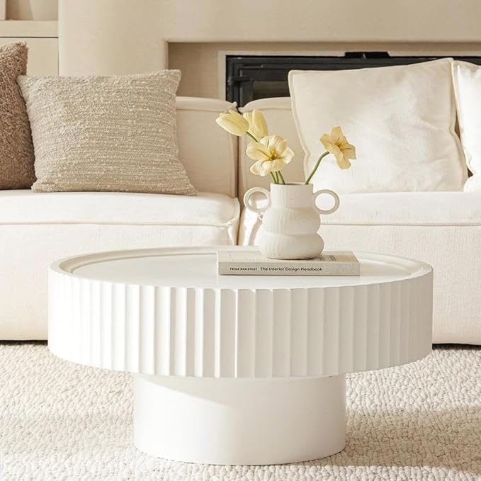 Round Wood Coffee Table - Wooden, Ribbed-Design, 30.3" Dia, 14.9" H - Simple Modern Style for Home Living Room Furniture (White Table)