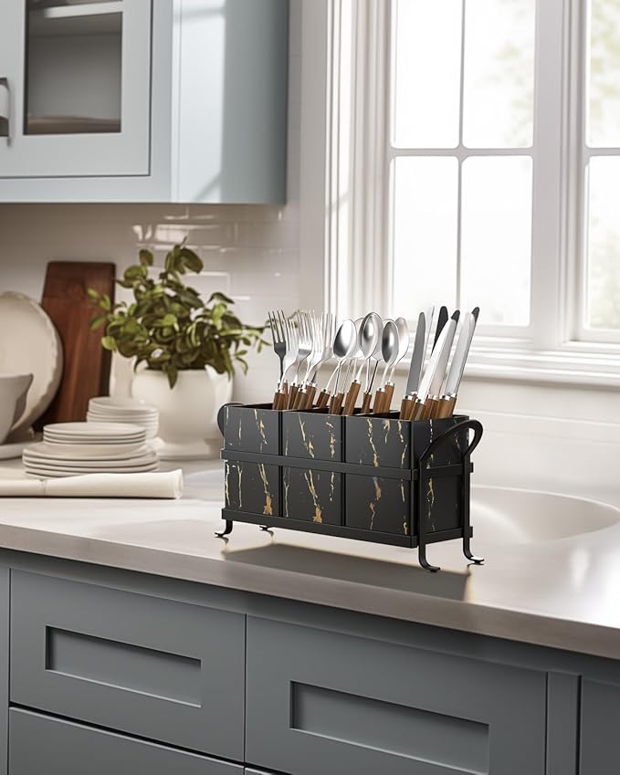 Classic Farmhouse Kitchen Organizer - Exquisite Black Gold Marble Metal Silverware Caddy, 3 Spacious Compartments, Ideal for Cutlery, Cooking Tools & More-NeatNest