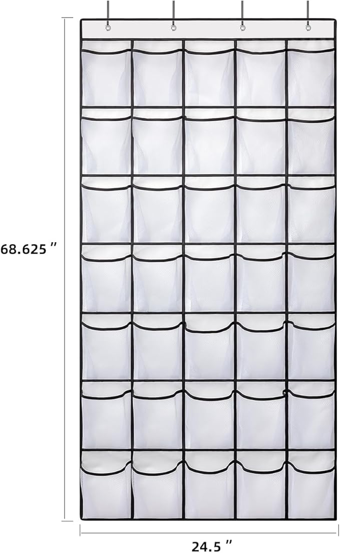 35 Pockets Over the Door Shoe Organizer, Hanging Shoe Organizer for Door with 35 Mesh Pockets Large Capacity Shoe Hanging Storage Bag with 4 Metal Hooks (White-1Pack)-NeatNest
