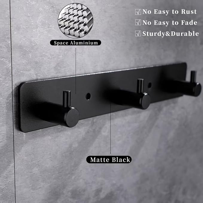 Black 3 Wall Hooks, Matte Black Bathroom Hook Rail, Self Adhesive Key Hook Rack Hanger Towel Robe Stick Hooks for Toilet Entryway Hallway Kitchen Wall Mounted-NeatNest
