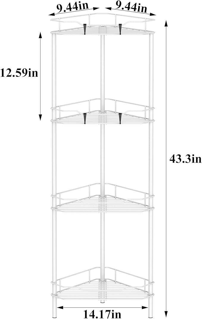 4 Tier Floor Standing Corner Shower Caddy Organizer Shelf with Hooks, Bathroom Shelves Stand Rack, White