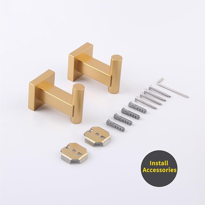 GERZWY Wall Mounted Towel Hook Heavy Duty Robe Coat Hook Luxury Hooks for Bathroom 2 Pack Gold Stainless Steel DG1407-BE