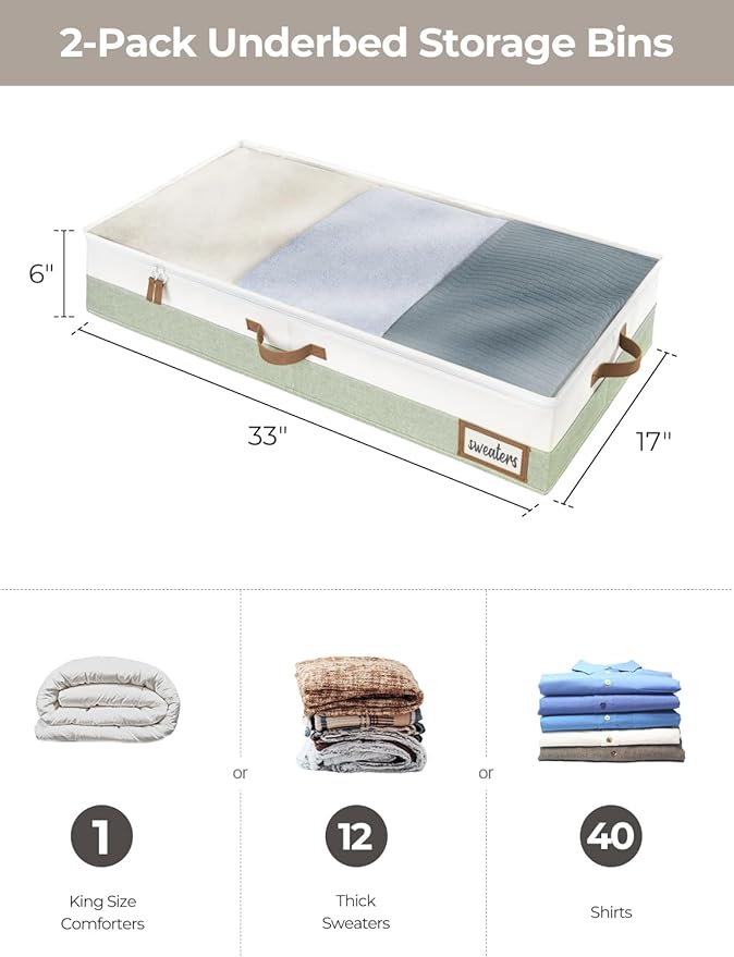 StorageWorks Large Under Bed Storage Containers with Handles and Label Holder, 2 Pack Ultra-thick Fabric Underbed Bins, Closet Organizer for Clothes, Blankets, Sweater-NeatNest