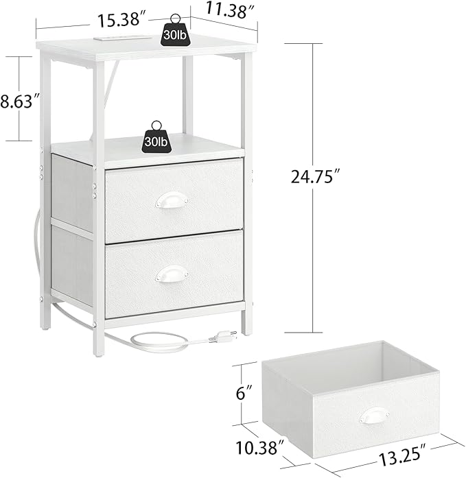 Nightstand with Charging Station, LED Night Stand with 2 Fabric Drawers PU Finish, Bedside Tables End Table with LED Light, 3-Tier Storage Side Table Nightstand with Drawers for Bedroom,White