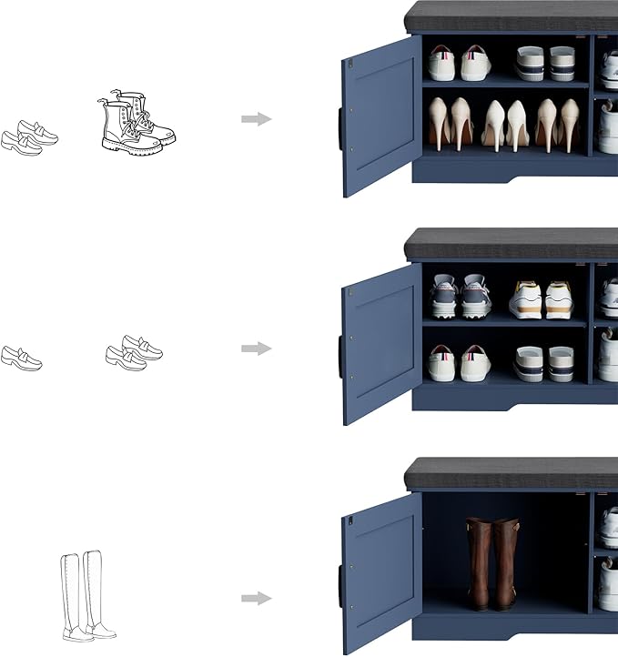 2-Tier Storage Bench, Shoe Bench with Padded Seat Cushion, Entryway Bench with 2 Barn Doors, Adjustable Shelf, 13.8" D x 39.4" W x 17.7" H, for Entryway, Living Room, Bedroom, Blue-NeatNest