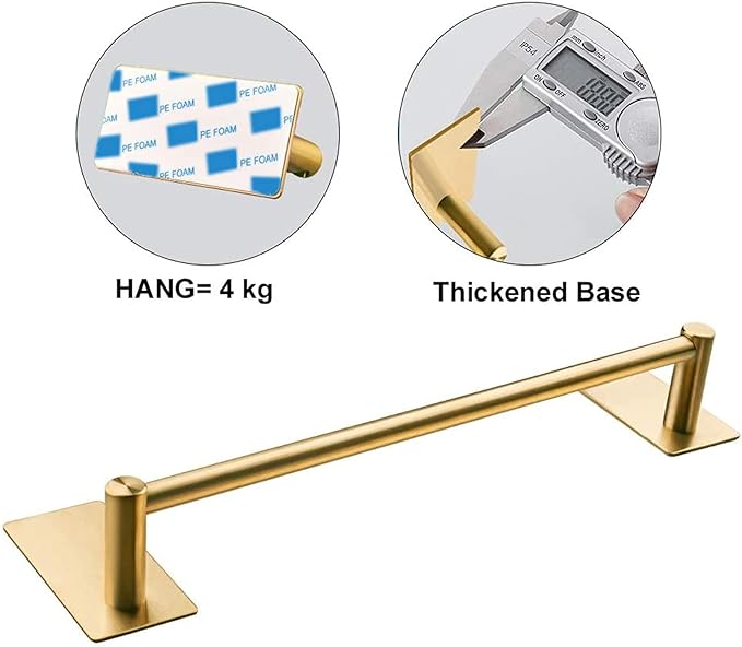 NearMoon Self Adhesive Bathroom Towel Bar- Stainless Steel Bath Wall Shelf Rack Hanging Towel Stick On Sticky Hanger Contemporary Style, NO Drilling (1 Pack, Brushed Gold, 24-Inch Towel Rack)