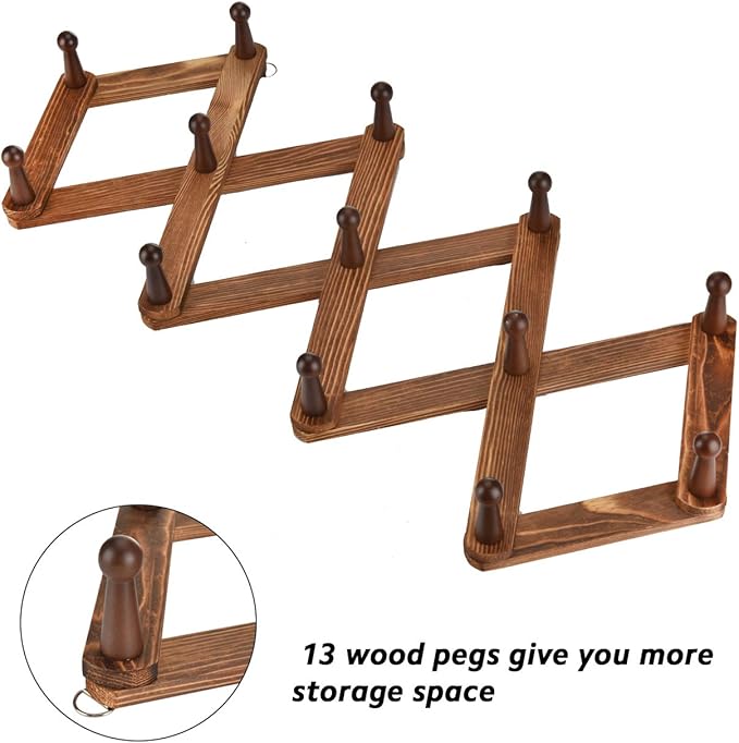 Homode Vintage Wood Expandable Peg Rack- Multi-Purpose Accordion Wall Hangers with 13 Hooks for Hats, Coat, Mugs, Scarf, Jewelry Storage-NeatNest