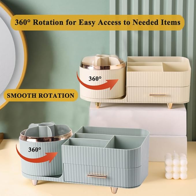 Makeup Organizer Countertop with Drawer 360 Rotating Brush Holder Storage Large Capacity Skincare Cosmetic Display Cases for Vanity Bathroom Desktop, Model 3016 Cream-NeatNest