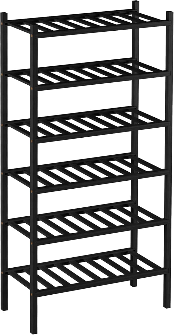 6-Tier Bamboo Small Shoe Rack, Free Standing Wood Shoe Shelf Storage Organizer for Closet Entryway Stackable (Black)-NeatNest