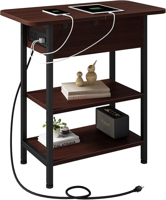 LIDYUK End Table with Charging Station, Flip Top Side Table with USB Ports and Outlets, Nightstand for Small Spaces, Bedside Tables with Storage Shelf for Living Room, Bedroom, Dark Cherry