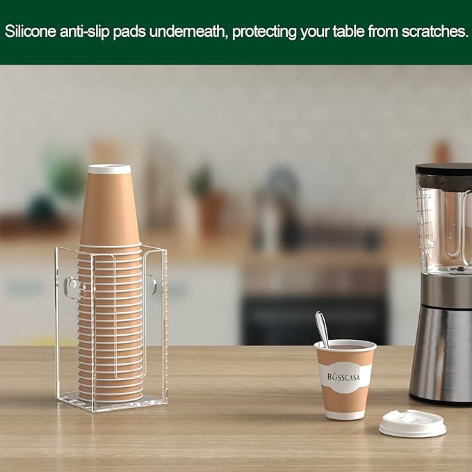 Disposable Coffee Cup Dispenser with Handles, Countertop or Wall Mount Hot/Cold Drink Cup and Lid Holder - Bathroom/Kitchen/Office Acrylic Cup Lid Storage Organizer (1 Compartment, Clear)-NeatNest