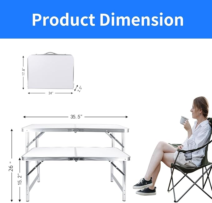 Folding Camping Table 3 Ft Portable Picnic Table Foldable 2 Height Adjustable Aluminum Camp Table Outdoor for Card BBQ White 35.5×23.6×26 inch-NeatNest