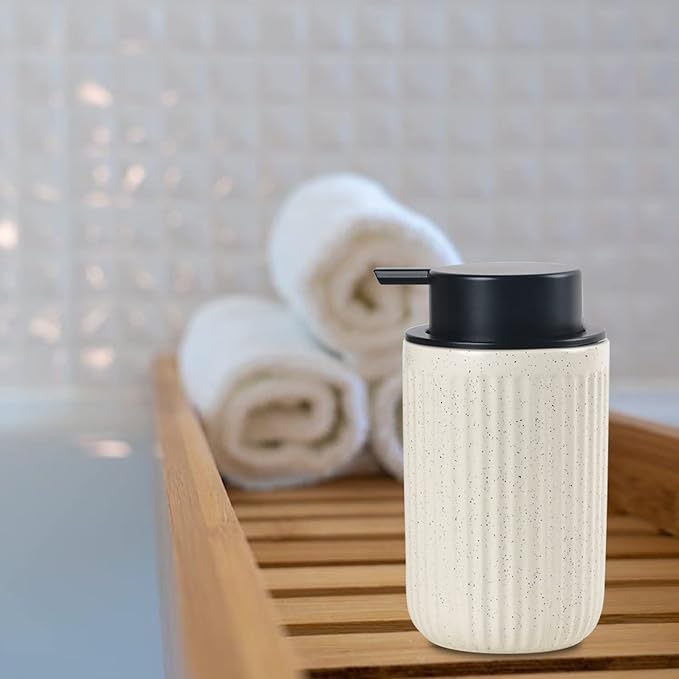 BosilunLife Foaming Soap Dispenser Set - Beige Ceramic Foam Hand Soap Dispenser 12ozwith Rust Proof Pump, Easy Pressing & Refillable, 4Pcs Clear Stickers for Kitchen, Bathroom - 2 Pack-NeatNest