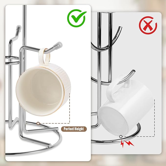 HULISEN Coffee Mug Holder for Countetop, Cup Tree for Counter Large Mugs with 6 Hooks, Metal Cup Holder Stand, Standing Rack Display for Coffee Bar, Silver-NeatNest
