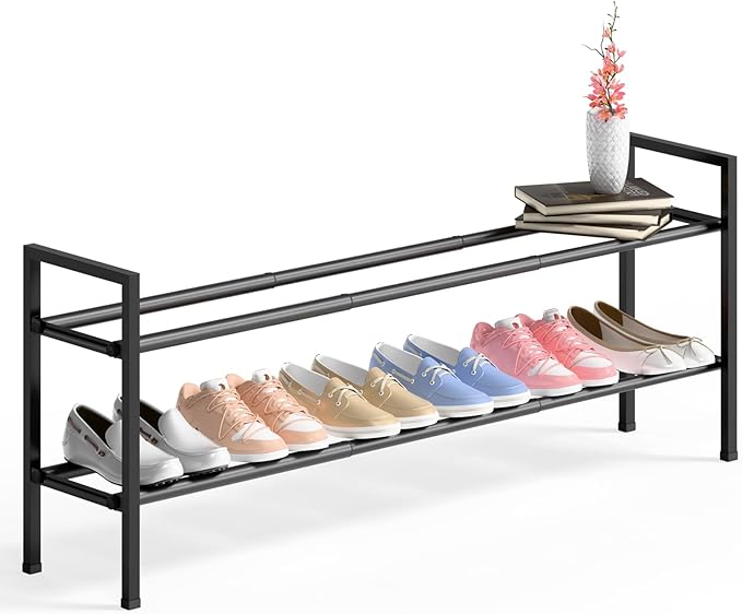 Bumusty 2-Tier Long Expandable Shoe Rack for Closet, 18"-44" Adjustable Shoe Rack for Entryway, 10-12 Pairs Large Shoe Organizer Shelf Storage, Sturdy Metal, Black-NeatNest