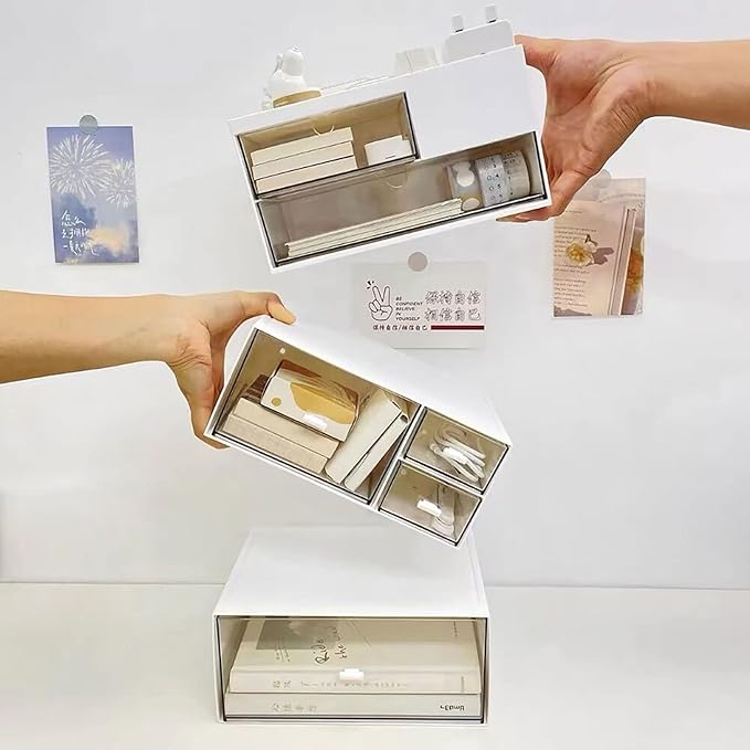 Desk Drawer Organizer, Desk Storage Box with 2 Drawers and 4 Compartments, Multifunctional Desk Accessories & Countertop Organizers for Office School Home (White-NeatNest