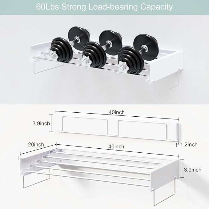 Wall Mounted Laundry Rack, Collapsible Clothes & Towel Drying Rack for Indoor & Outdoor, 40' W x 16.5 L Ft, 60 lb Capacity, White