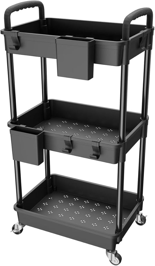 3 Tier Rolling Utility Cart with Handle,REBECAT Utility Cart Made of Multifunctional Storage Organizer Tool for Kitchen,Bathroom,Living Room,Office(Black)-NeatNest