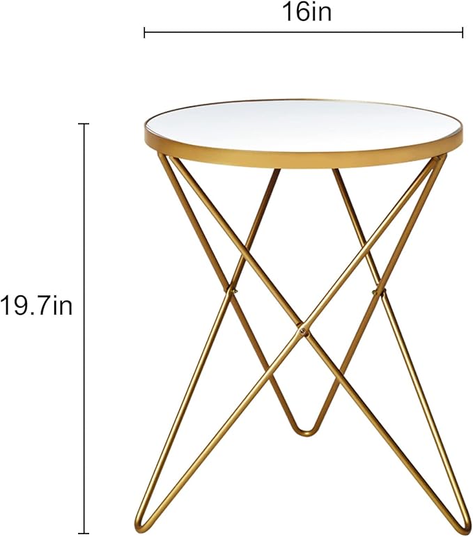 HLR Modern Round Side Table, End Table with Marble Effect Top and Gold Metal Frame, Small Side Table for Living Room, Bedroom, Sofa and Couch, Gold Legs, Mirror top