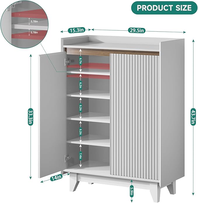White Fluted Shoe Cabinet, 5-Tier Shoe Storage Cabinet with Adjustable Shelves, 43.7”H Tall Shoe Cabinet Storage for Entryway Hallway Living Room, Shoe Rack Organizer White & Walnut Wave Fluted Design-NeatNest