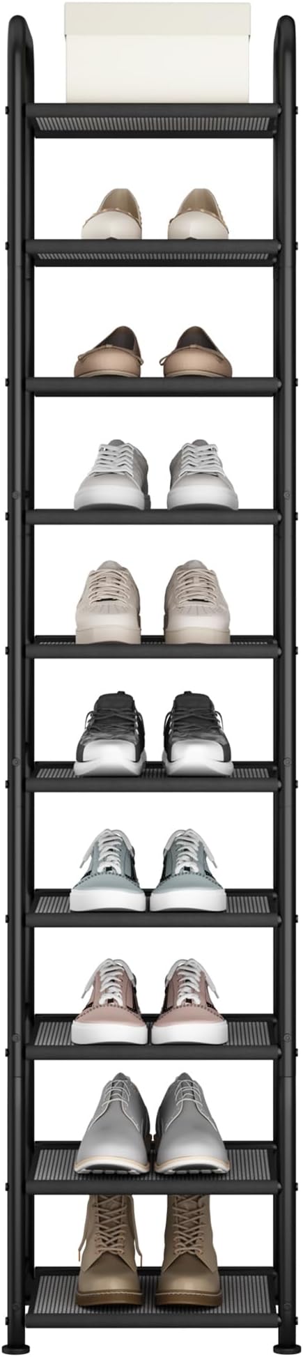 STO STO 10-Tier Narrow Shoe Rack with Sturdy Mesh Shelves, Slim Tall Metal Shoe Organizer for Entryway, Closet, Hallway, Holds 10 Pairs, Vertical Free Standing Shoe Storage Shelf, Black-NeatNest