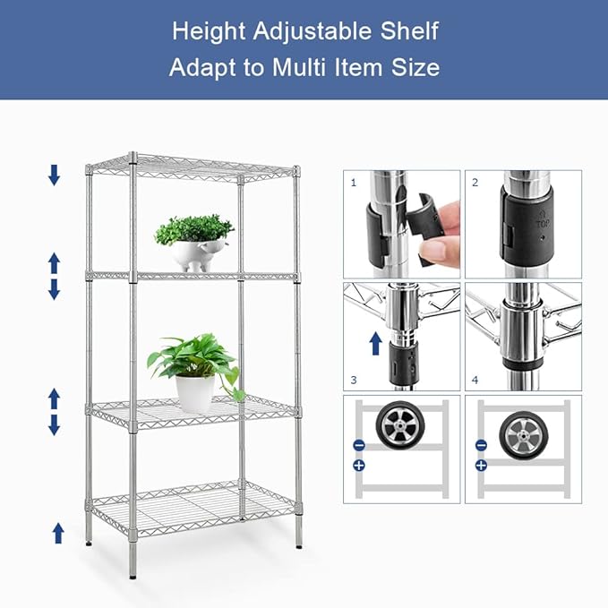 BNSPLY 4 Tier Wire Shelving Unit, Height Adjustable Wire Shelves with 1200 LBS Capacity, NSF Metal Storage Rack for Laundry, Kitchen, Bathroom, Pantry, Closet (18" D x 29.5" W x 59" H, Chrome)-NeatNest