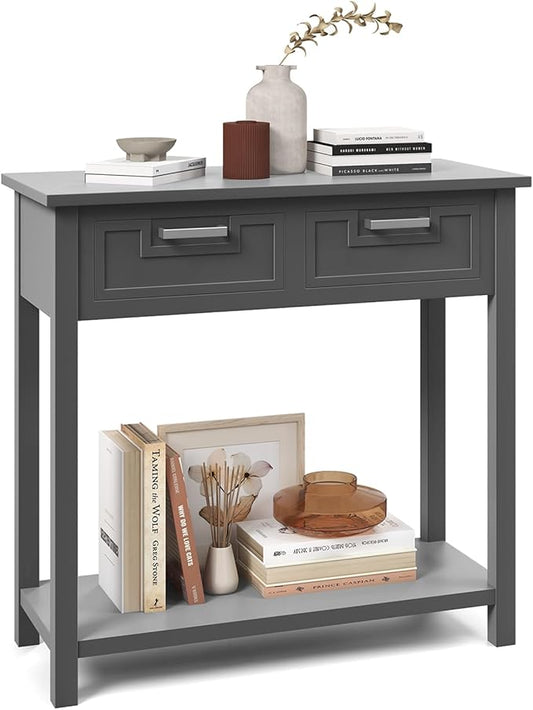GOFLAME Small Console Table with 2 Drawers, 31” Entry Table with Storage Shelf, Modern, Narrow Sofa Table for Living Room, Hallway, Entrance (Gray)-NeatNest