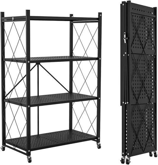 4-Tier Foldable Storage Shelf with Wheels – Heavy Duty Metal Collapsible Rolling Cart for Kitchen, Pantry, Closet, Office & Bathroom Organization, No-Assembly Storage Rack – Black Metal Shelf