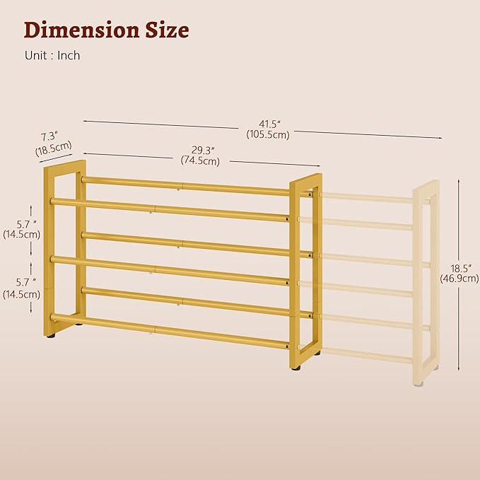 FAVOOSTY 3-Tier Expandable Shoe Rack, Adjustable Shoe Shelf Storage Organizer Space Saving Metal Free Standing Shoe Rack for Entryway Closet Doorway, Gold-NeatNest