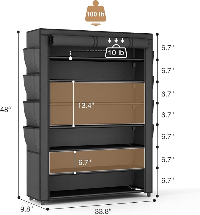 VTRIN Shoe Rack with Cover, 7 Tier Shoe Organizer Storage for 35-40 Pairs Shoes and Boots Large Capacity Tall Shoe Shelf with 8 Pockets Free Standing Shoe Rack for Closet, Entryway, Garage-NeatNest