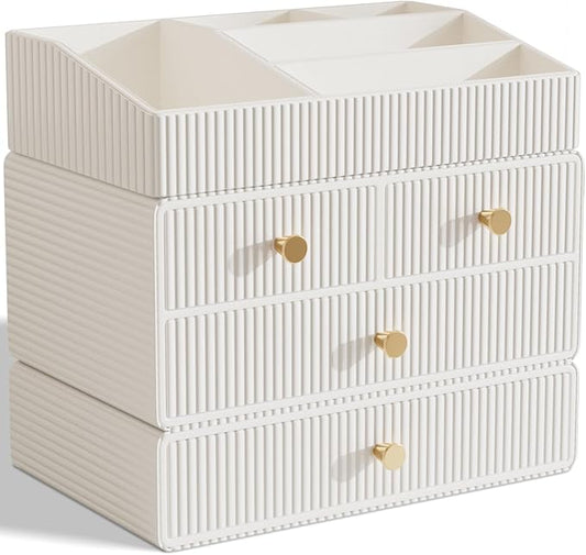 Makeup Organizer Countertop,Vanity Organizer,Skincare Organizers,Cosmetic Organizer with Draws,Luxury Large makeup storage,Make up Organizers for Vanity,Gifts for Women Birthday Unique (white)