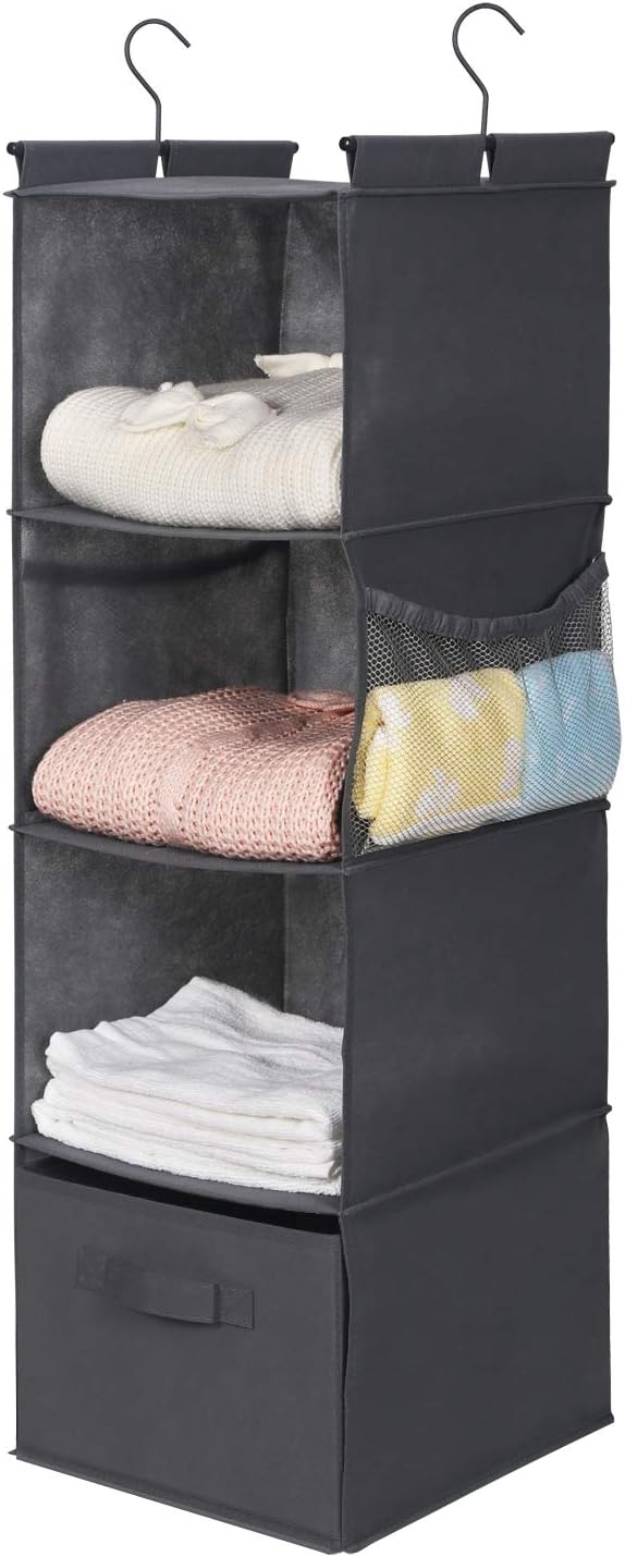 MAX Houser 4-Shelf Hanging Closet Organizer, Space Saver, Cloth Hanging Shelves with 2 Side Pockets, Foldable (Grey)-NeatNest