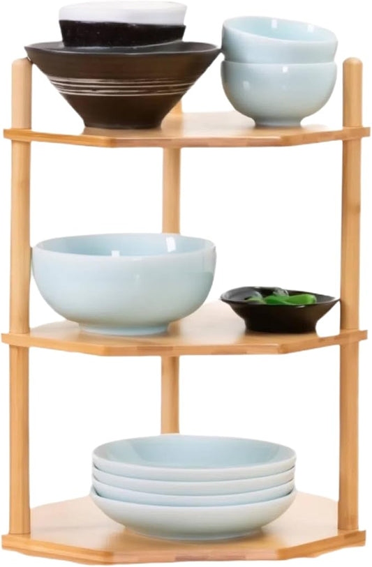Expandable Bamboo Corner Shelf for Cabinet - 2-5 Tiers Plate Organizer, Kitchen Space Saver, Minimal Tool Assembly (Powered by Gogogo) (Natural, 6.7" H(3 Tier))-NeatNest
