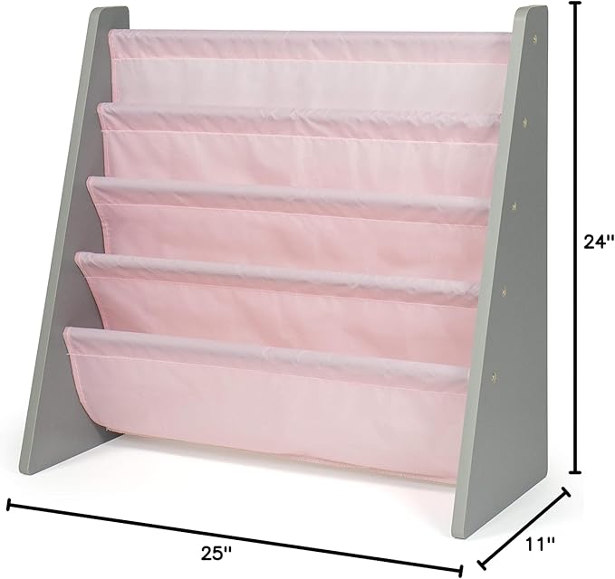 Humble Crew 4-Tier Kids Bookshelf, Grey Wood/Pink - Premium Book Shelf for Kids Rooms with Four Deep Pockets - Toddler Sling Book Rack with Deep Sleeves, Nursery Bookcase Organizer