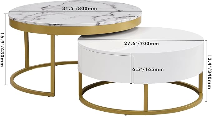 Modern Round Nesting Coffee Table with Drawers in White, Circle Coffee Tables for Living Room