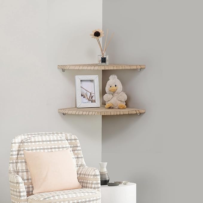 10 inch Corner Wall Shelf, Set of 2 Solid Wood Corner Floating Shelves for Wall, Round End Wall Mounted Floating Corner Shelf for Bedroom, Living Room and Kitchen (Carbonized-10 inch)-NeatNest